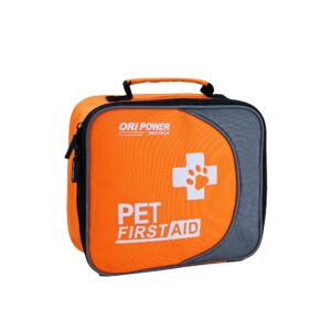 An orange and black pet first aid bag, designed for emergency care for pets, displayed against a neutral background.