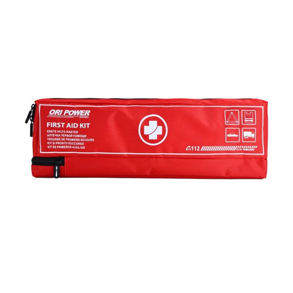 A red first aid kit featuring a prominent white cross on its surface, symbolizing emergency medical assistance.