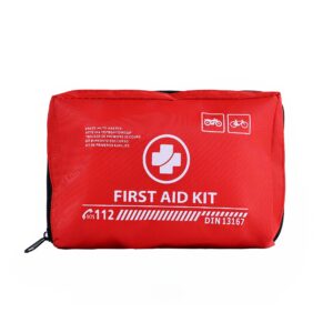 A red first aid kit prominently displaying the words "First Aid" on its exterior.