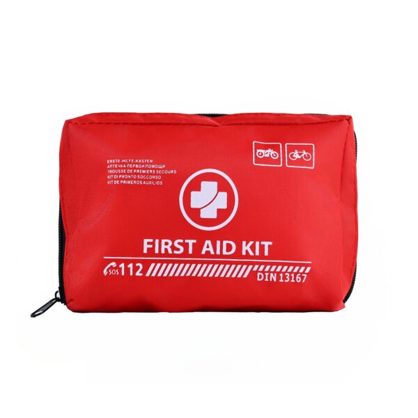 A red first aid kit prominently displaying the words "First Aid" on its exterior.