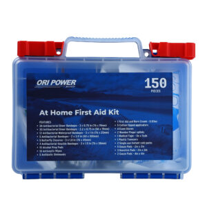 A plastic case containing a well-organized at-home first aid kit, ready for emergency use.